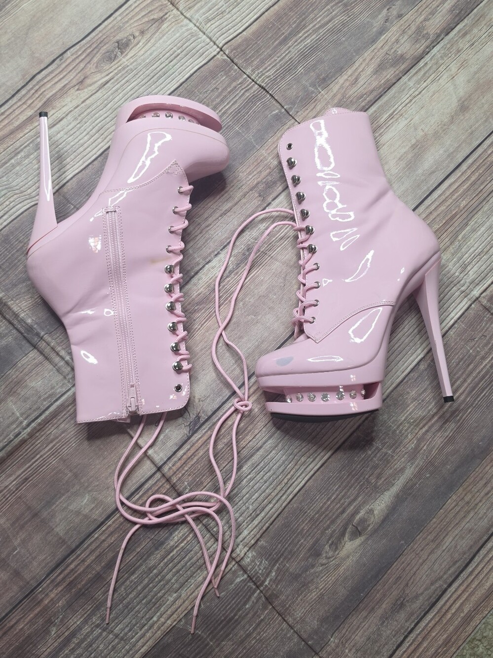 Pleaser Pink Patent Lace-Up Rhinestone Platform Heels Blondie-R-1020